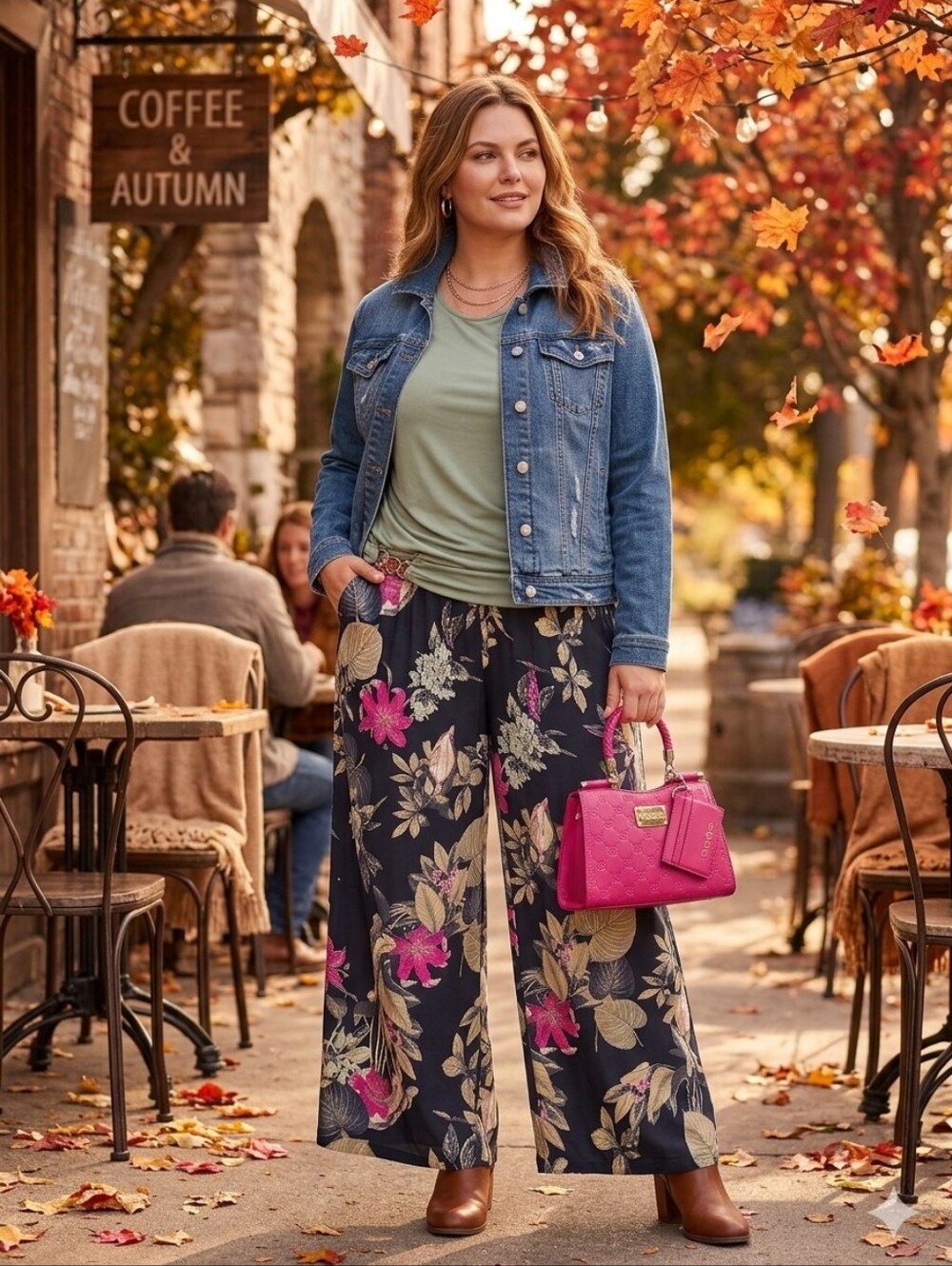 Floral Wide-Leg Pants & Sage Green Sleeveless Top 2x Set w/ Pink Bebe Purse New